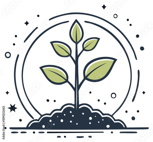 Green plant sprouting from soil inside a circular abstract frame with stars and dots
