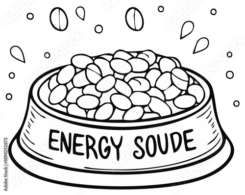 Pet food bowl brimming with nutrient rich kibble, cartoon doodle style illustration for print or coloring