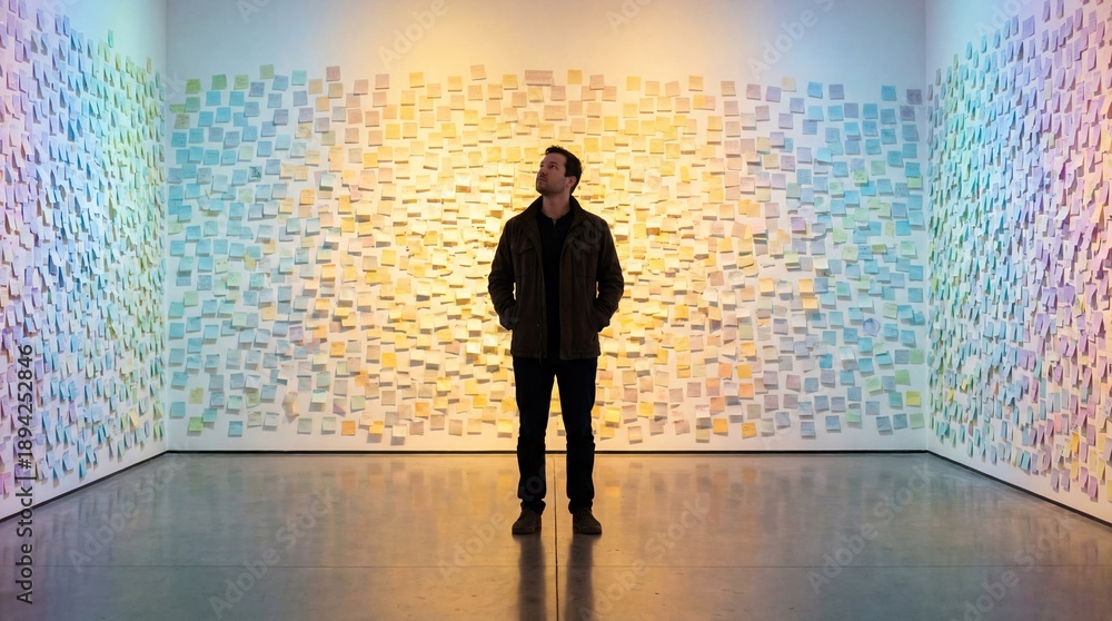 Fototapeta premium Man standing in art gallery surrounded by colorful sticky notes on walls creating vibrant pastel colored atmosphere