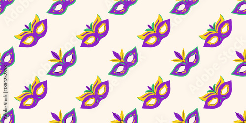 Vector seamless pattern with purple mardi gras mask on light background. Festive carnival masquerade print for party wrapping paper, fabric, textile, clothing and holiday decoration design.