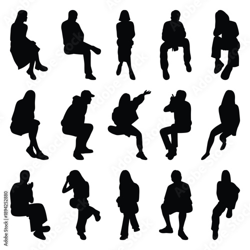 Vector collection set of sitting people silhouettes.