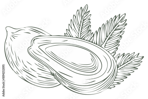 Hand drawn sketch of whole and half coconut with tropical palm leaves in engraving style