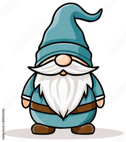 Charming fairytale garden gnome with a long white beard and blue pointy hat illustration