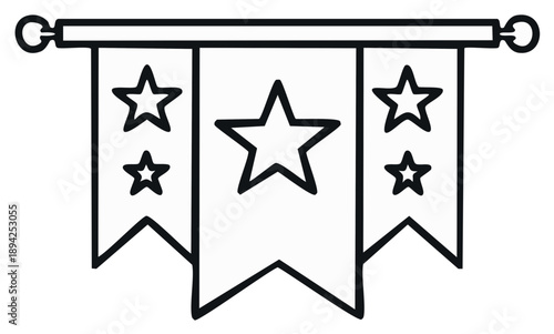 Line art illustration of pennant banner with stars hanging on a rod