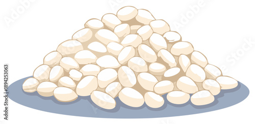 A generous pile of white beans forms a mound on a pale blue surface
