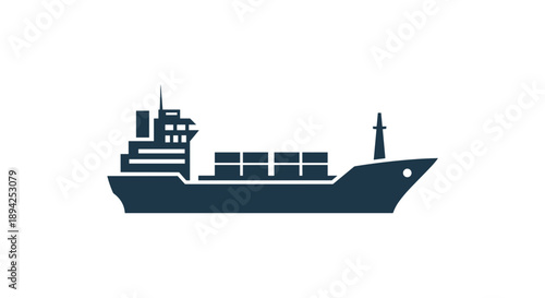 Silhouette of a cargo ship carrying containers on the sea.