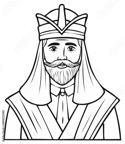 Historical royal figure portrait illustration with bearded man and traditional attire