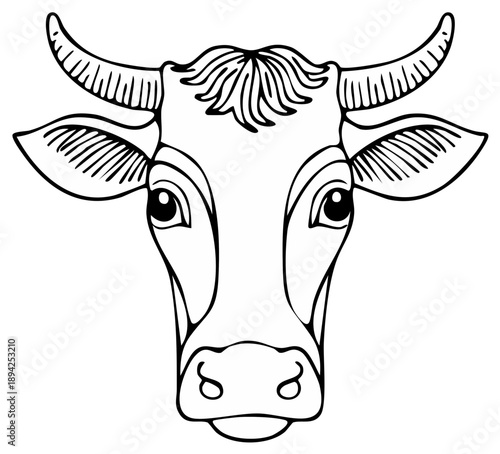 Stylized Hand-Drawn Cow Head with Horns and Expressive Eyes Black and White Outline