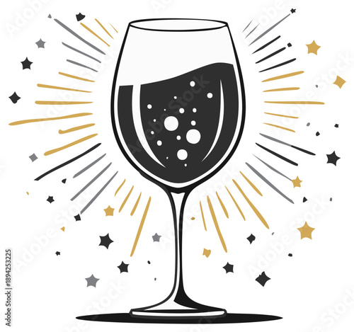 Celebratory wine glass with sparkling bursts and confetti elements