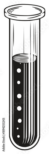 Illustration of glass test tube with dark fluid and small bubbles for science experiments or chemistry