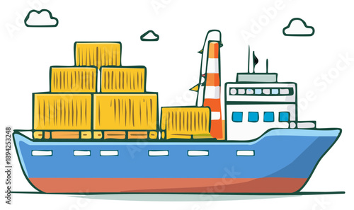 Cartoon Cargo Ship with Yellow Containers Illustration for Global Logistics