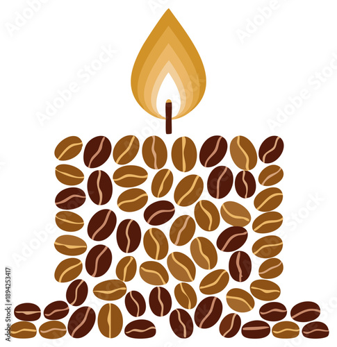 A candle made of coffee beans with a glowing flame on a white background