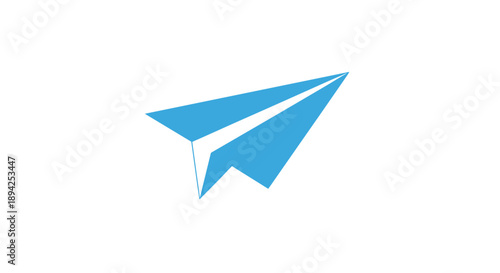 Blue paper airplane flying against a white background.