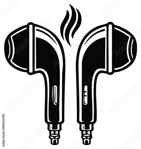 Pair of black earbuds emitting steam or smoke illustration