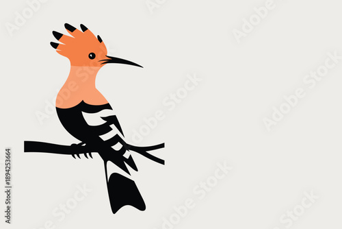 Stylized Hoopoe Bird Perched on a Branch, nature concept with copy space