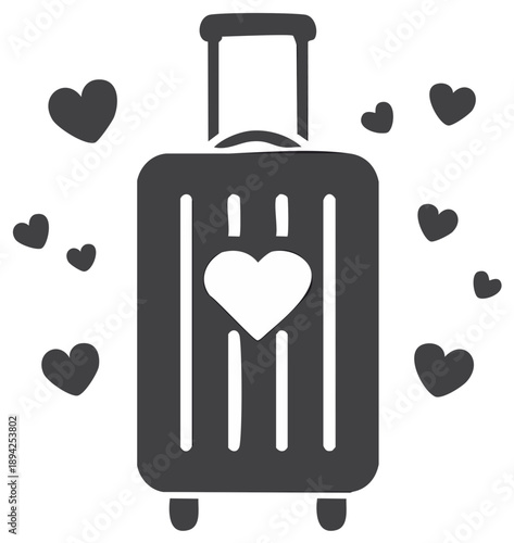 Suitcase with heart design and scattered love hearts representing romantic journeys