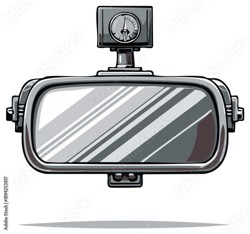 Automotive Rearview Mirror Cartoon Illustration with Speedometer Monitor on White Background