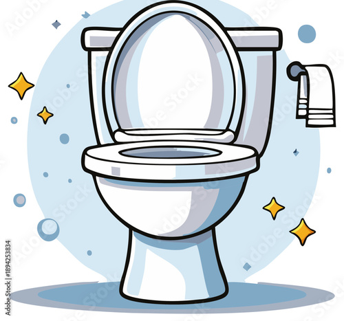Clean White Toilet Bowl Cartoon with Stars and Towel for Hygiene Concept