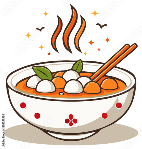 Delicious bowl of soup with dumplings and chopsticks with steam and decorative elements.
