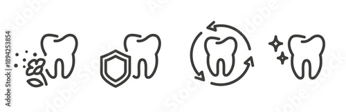 tooth icons, icon set of teeth protection, fresh breath, preventing bacteria and plaque, teeth whitening and shine, line vector art