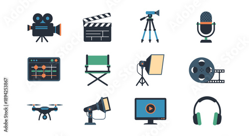 Collection of Film and Video Production Equipment Icons.