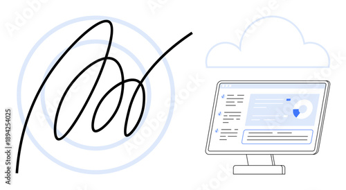 E-signatures, digital security, cloud storage, workflow automation, document management, data analytics. A digital signature and a monitor with an analytics screen. E-signatures and digital security