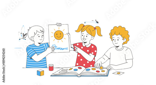Three children engaged in a creative painting activity together.
