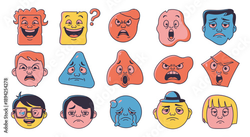Collection of diverse cartoon faces and shapes with various emotional expressions.
