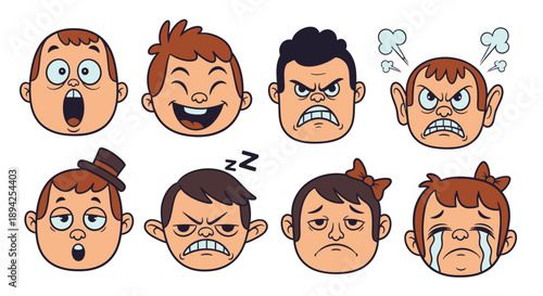 Cartoon character displaying various emotional expressions on white background.