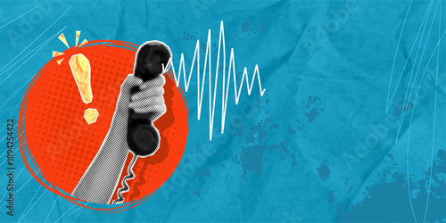 Trendy halftone collage in pop art style: a hand holding a telephone receiver. Advertising banner with news and offers, with space for text. Retro newspaper elements. Crumpled paper texture. Advertisi