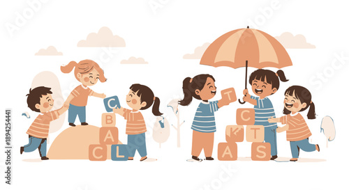 Children playing with alphabet blocks in a sunny day.