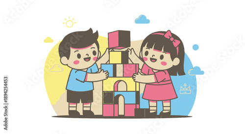 Children building with colorful blocks together happily.