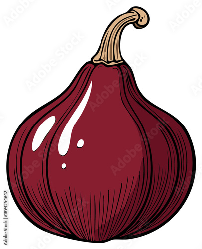 Stylized red onion bulb illustration with long curved stem, and black outline