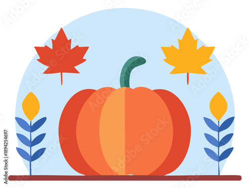 Abstract Thanksgiving composition with orange pumpkin, autumn leaves and flowers on a light blue background