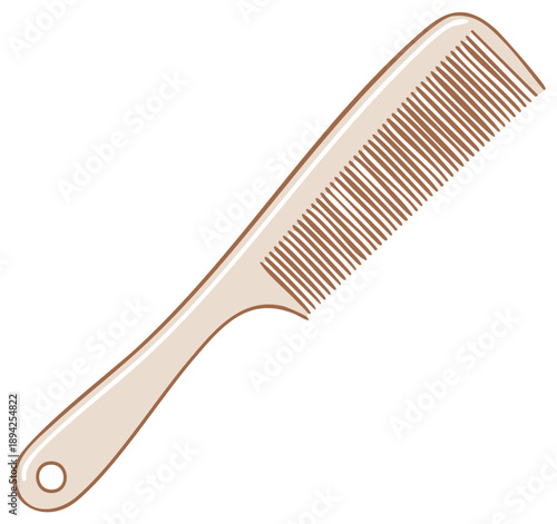Simple illustration of a light beige comb with brown teeth and a loop for hanging