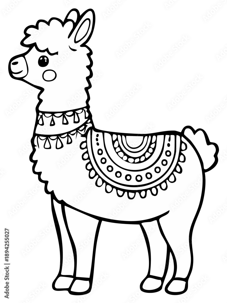 Fototapeta premium Cute line art illustration of a llama wearing a decorative saddle and collar