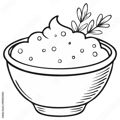 Drawn illustration of creamy hummus in a bowl with herbs garnish.