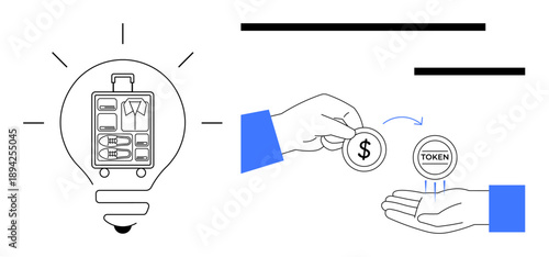Blockchain technology, digital finance, crypto trading, e-commerce, smart tokens, innovation. Image shows a light bulb with visible luggage and hands exchanging coins. Blockchain technology