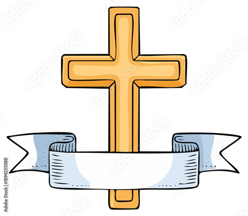 Golden Christian Cross with Blank Ribbon Banner for Text