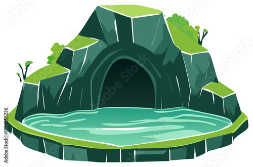 Cartoon Mountain Cave with Lake and Green Vegetation Vector Illustration