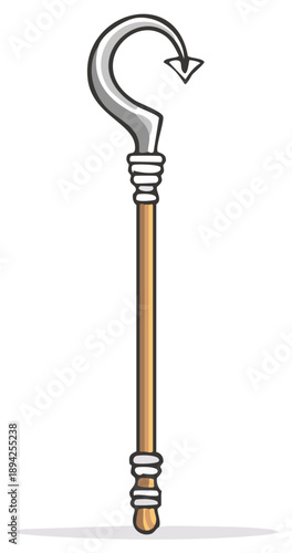 Ornate Shepherds Crook Staff With Silver Hook and Wooden Shaft Hand Drawn Style