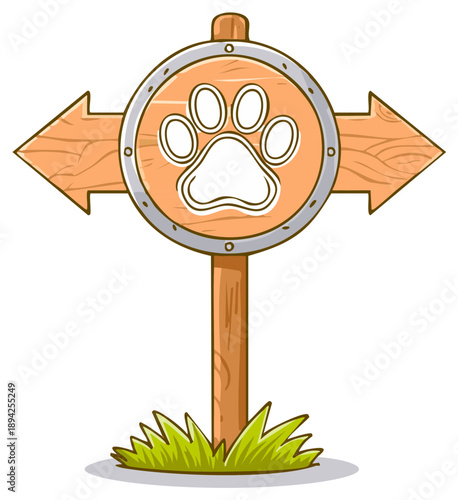 Cartoon illustration of a wooden signpost with paw print icon and arrows