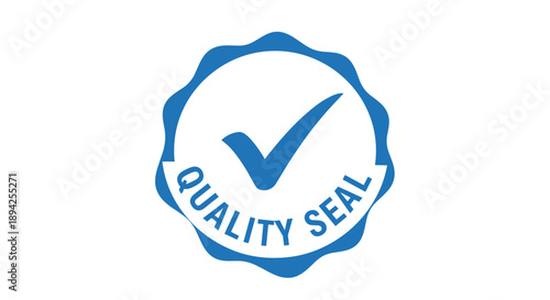 Blue Quality Seal Stamp with Check Mark Icon.