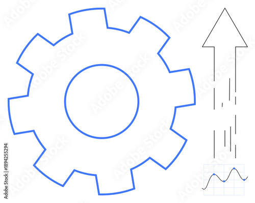 Business growth, technological advancement, optimization techniques, process improvement, data analysis, productivity. Gear with an upward arrow containing lines and a graph. Growth and technological