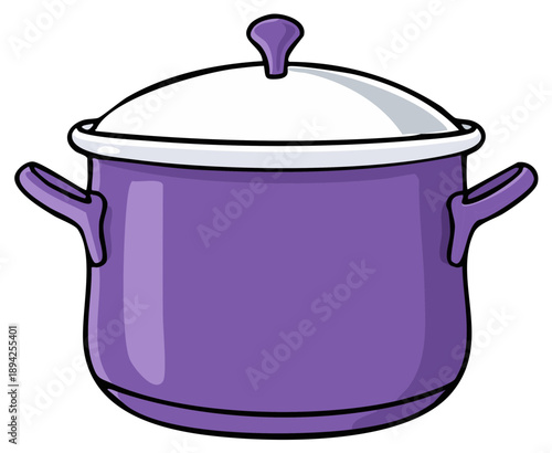 Purple cooking pot with white lid and handles illustration