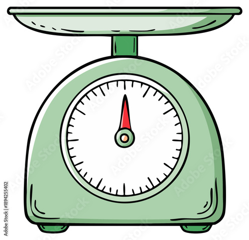 Illustration of a Retro Style Light Green Kitchen Scale with a Red Needle Indicating Weight