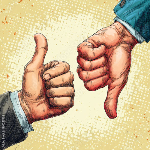 Two hands with thumbs up down.