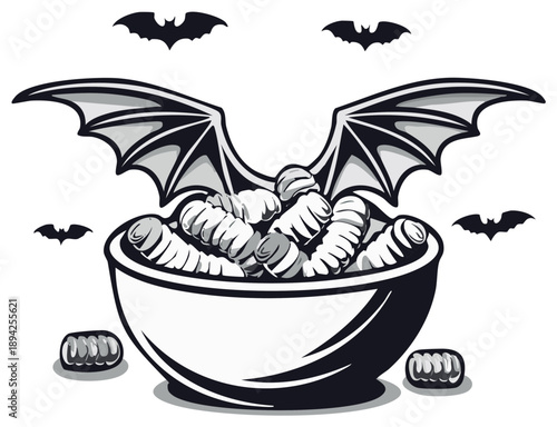Bowl of Halloween mummy hot dogs with bat wings and bat silhouettes in black and white