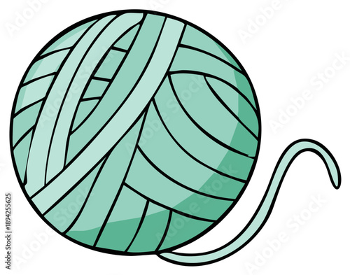 Teal yarn ball with trailing strand on white background illustration