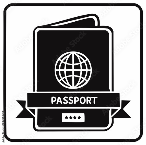 Passport Icon: Black and White Travel Document with Globe Symbol and Ribbon.